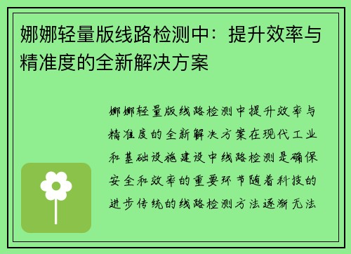 娜娜轻量版线路检测中：提升效率与精准度的全新解决方案